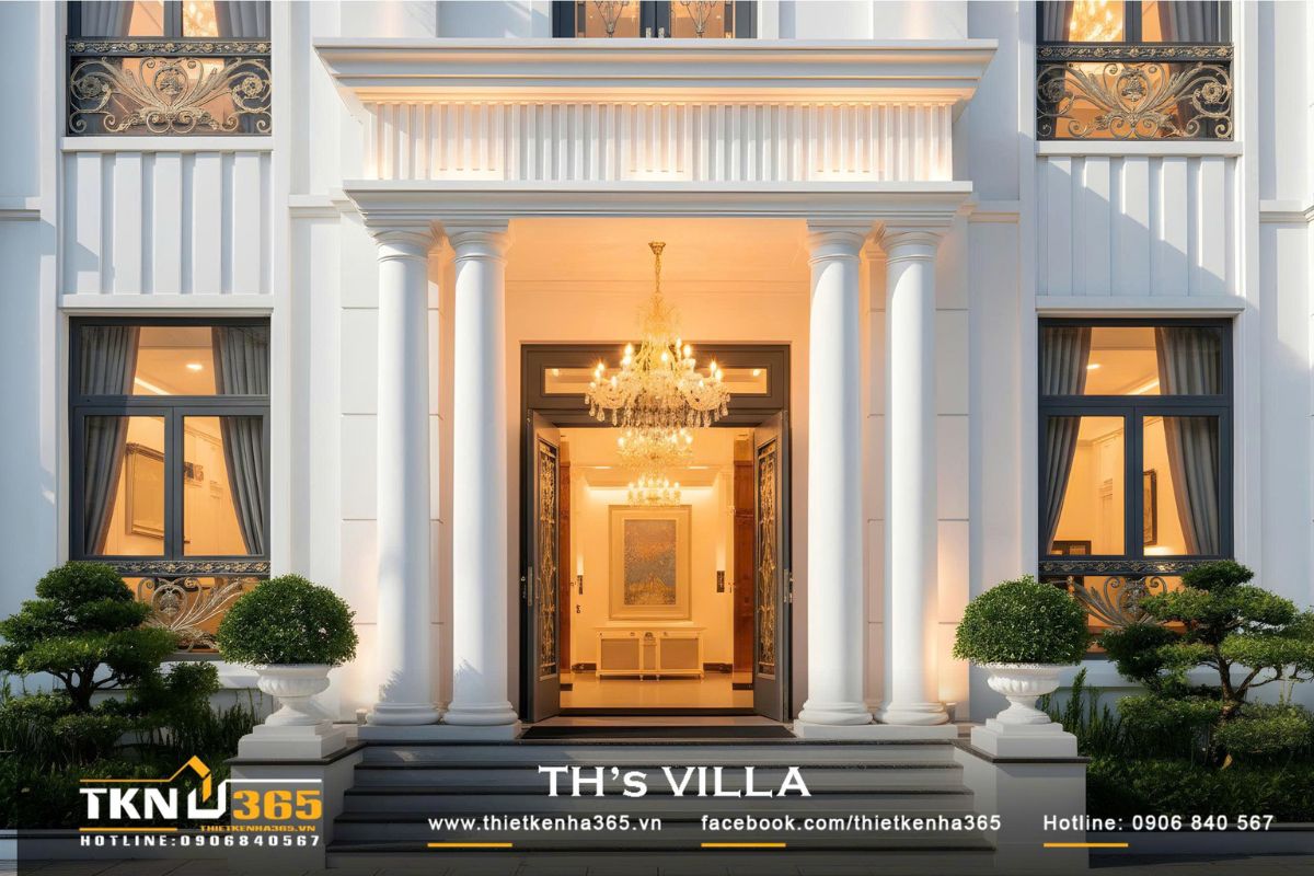 Hệ cột tr&ograve;n v&agrave; m&aacute;i hi&ecirc;n s&acirc;u tạo v&ugrave;ng b&oacute;ng đổ mềm mại, giảm bức xạ trực tiếp cho mặt tiền