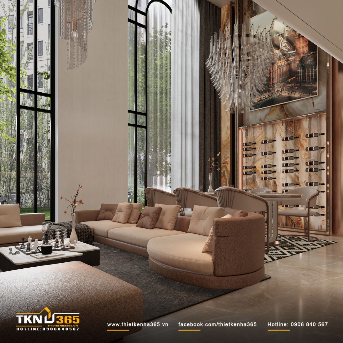 ph&ograve;ng kh&aacute;ch biệt thự 3 tầng