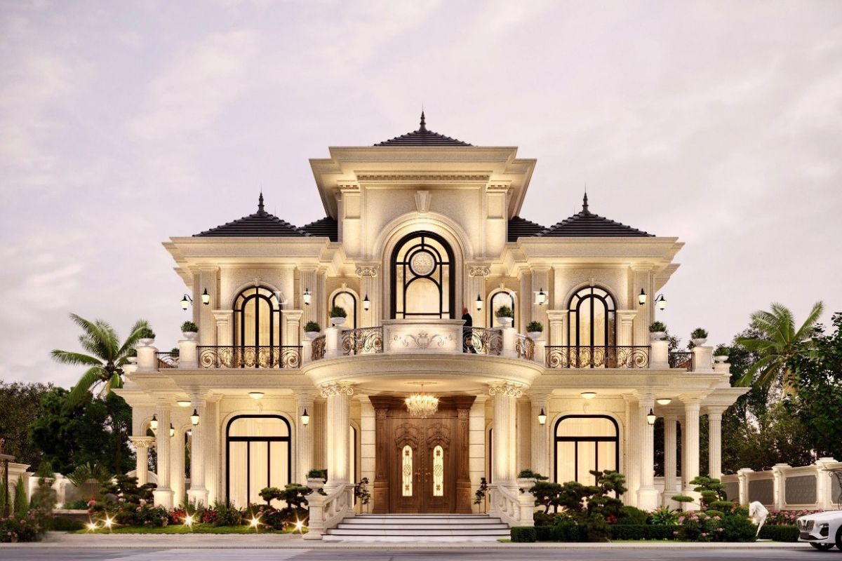 Đặc trưng biệt thự t&acirc;n cổ điển nhấn mạnh t&iacute;nh đối xứng v&agrave; tỷ lệ c&acirc;n đối (Ảnh: Sưu tầm)