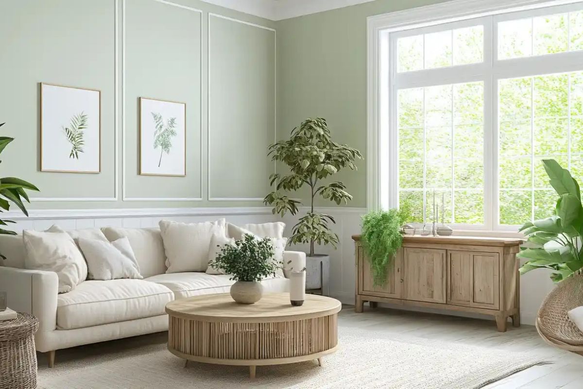 Màu xanh pastel kết hợp với nhiều loại cây xanh trong phòng khách, tăng khả năng kết nối giữa con người, kiến trúc và thiên nhiên (Ảnh: Sưu tầm)