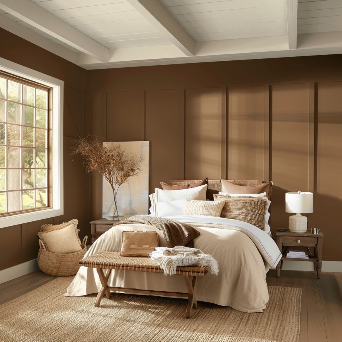 Màu nâu nhạt giúp cân bằng cảm xúc, nhờ đó hai vợ chồng dễ đi vào giấc ngủ sâu (Ảnh: Sưu tầm)