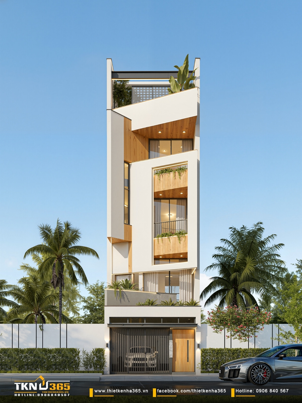 Ban c&ocirc;ng bố tr&iacute; bồn c&acirc;y xanh mướt c&ugrave;ng lam chắn nắng tinh tế