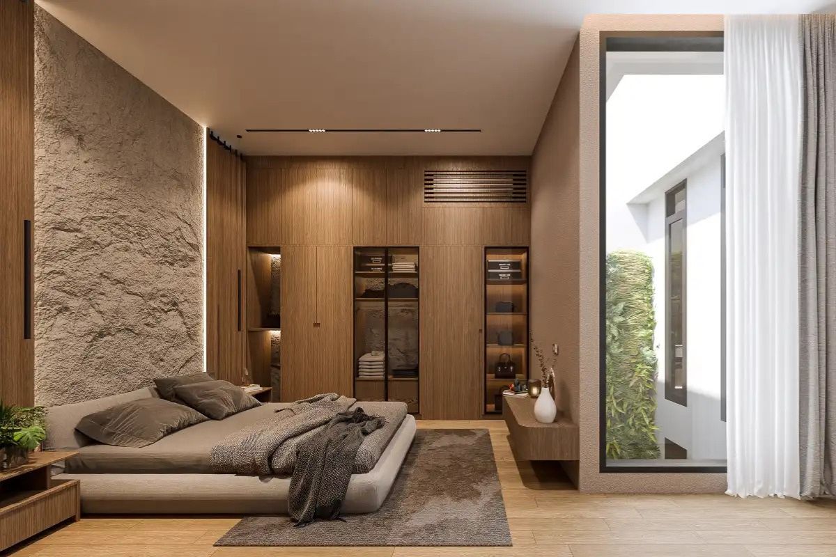 Thiết kế ph&ograve;ng ngủ biệt thự giữ sự kết nối gần gũi với thi&ecirc;n nhi&ecirc;n nhưng vẫn đảm bảo kh&ocirc;ng gian nghỉ ngơi ri&ecirc;ng tư (Ảnh: Sưu tầm)