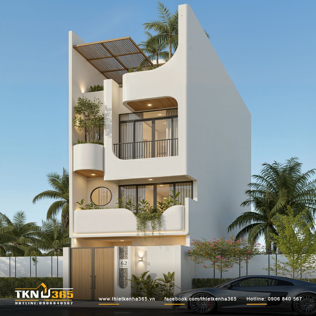 Những đường cong mềm mại tạo điểm nhấn cho thiết kế mặt tiền nh&agrave; phố 3 tầng hiện đại