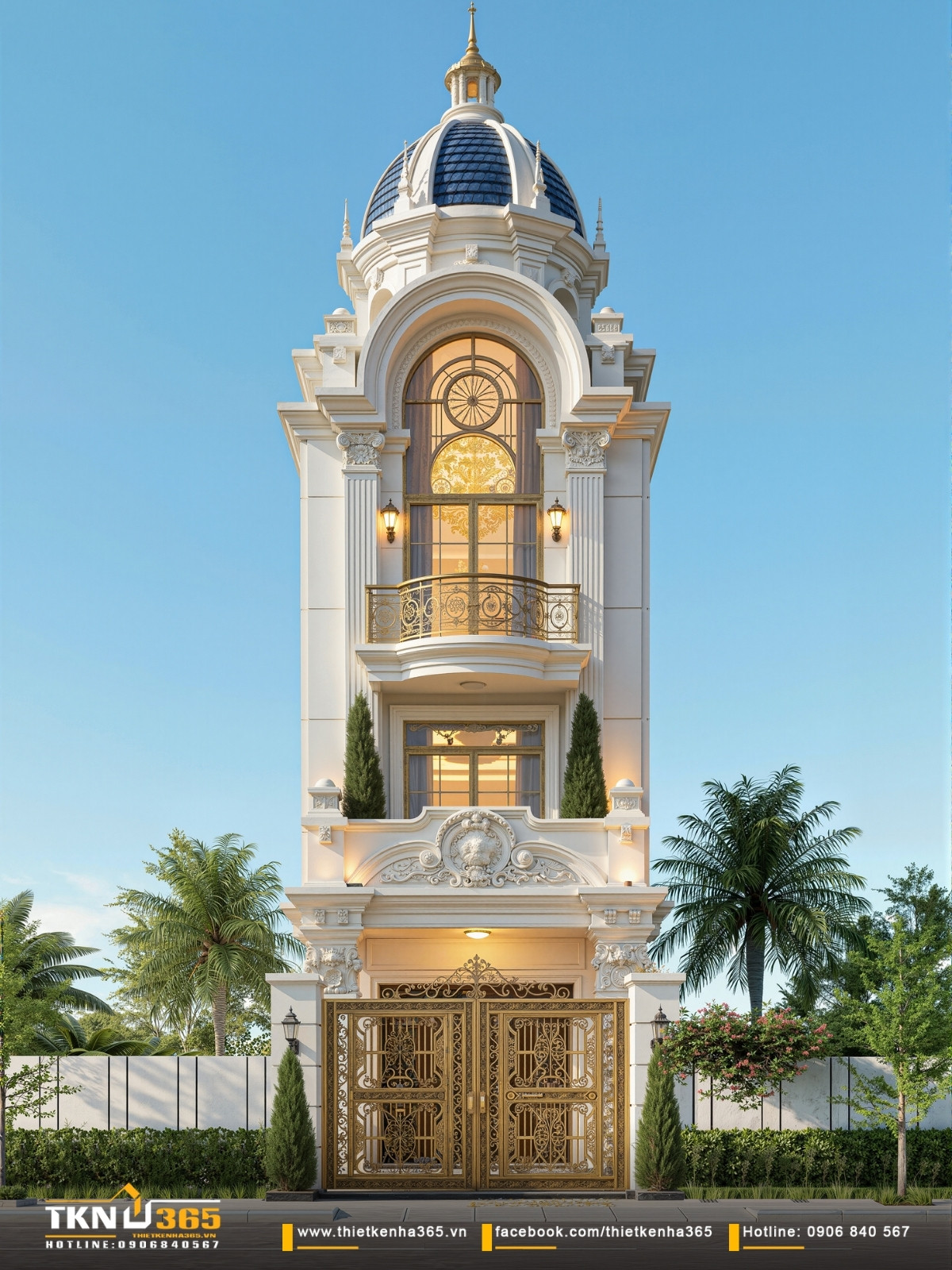 Tổng thể c&ocirc;ng tr&igrave;nh nh&agrave; phố 4 tầng hiện đại, gọn g&agrave;ng với h&igrave;nh khối h&agrave;i h&ograve;a kết hợp c&ugrave;ng bảng m&agrave;u trung t&iacute;nh