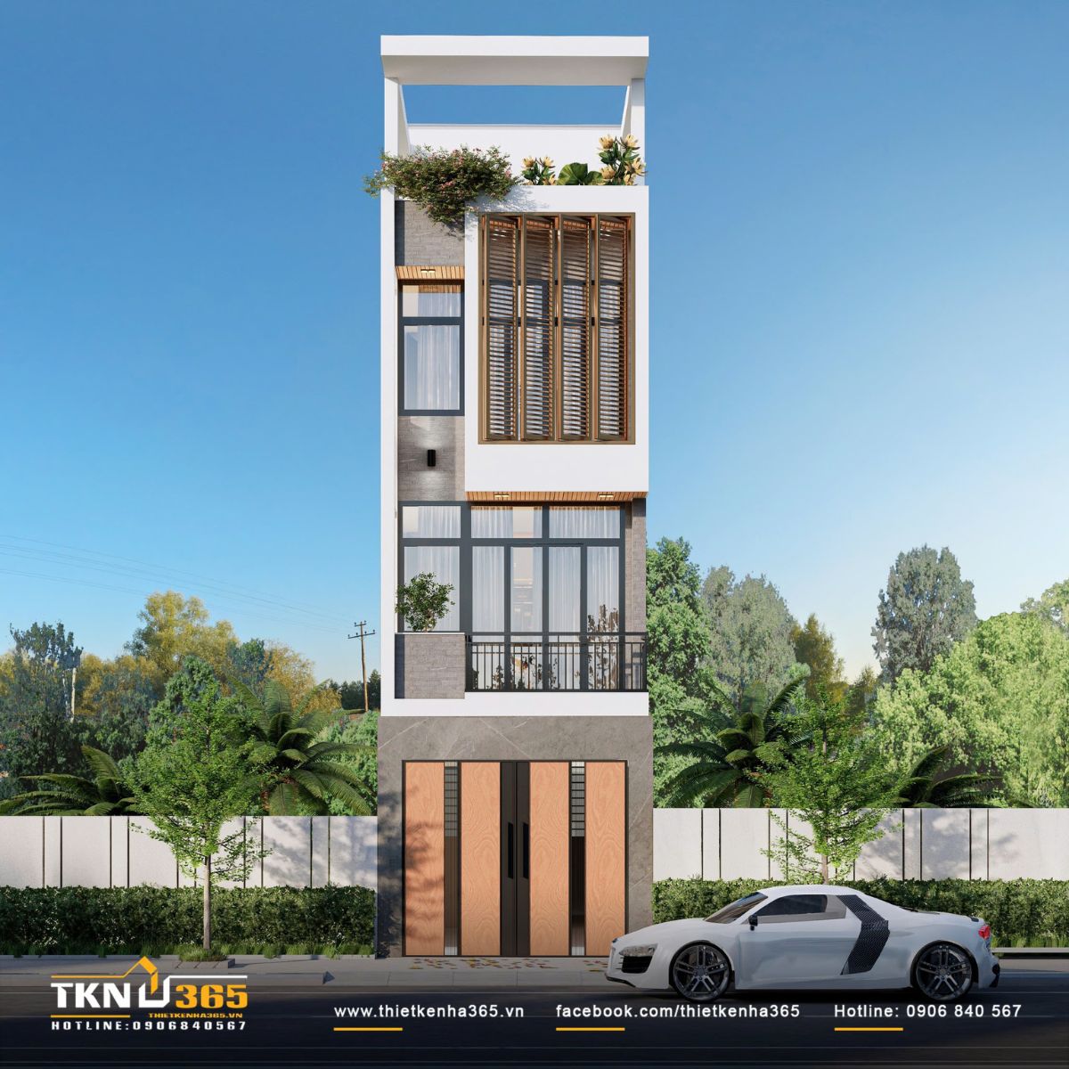 Mặt tiền thiết kế tối giản, cửa kính rộng và mảng xanh tạo điểm nhấn, đảm bảo nhà phố mặt tiền 4m luôn thoáng sáng