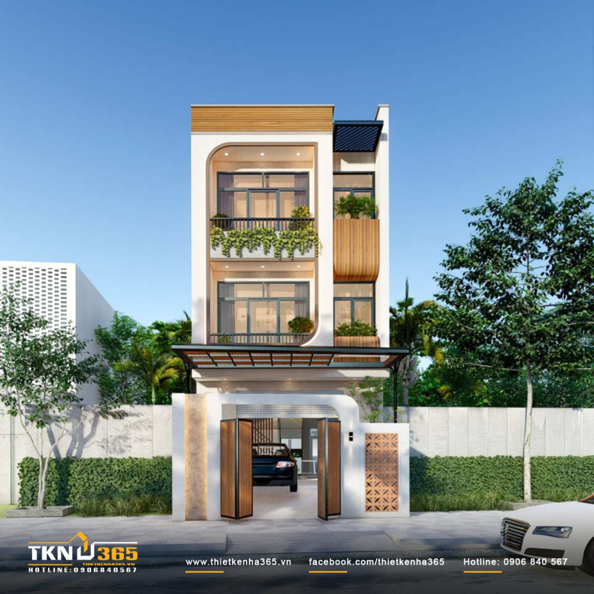 Mặt tiền nhà phố 3 tầng với đường cong mềm, đan xen khoảng xanh tạo nên tổng thể hiện đại, nhẹ nhàng và thoáng sáng