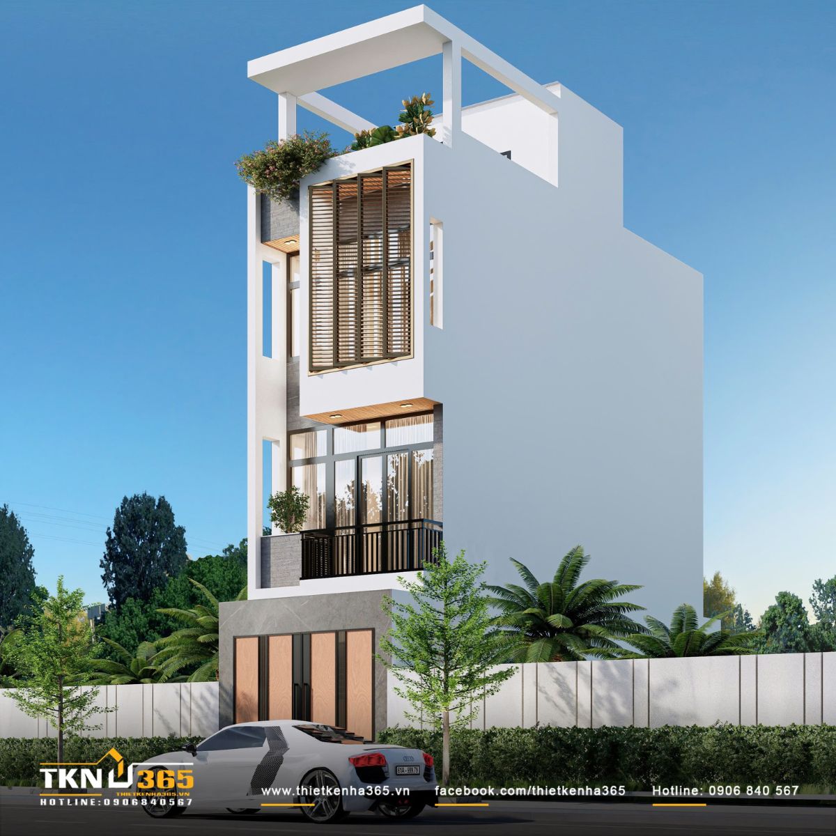 Khối nhà lệch tầng kết hợp lam che nắng giúp giảm bức xạ nhiệt, đồng thời giữ sự riêng tư cho không gian sinh hoạt phía trong