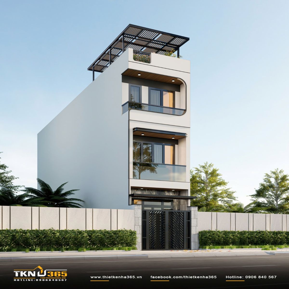 Nhà phố 3 tầng hình khối gọn gàng, hệ mái lam sắt trên sân thượng tạo hiệu ứng bóng đổ tinh tế, thích nghi tốt với khí hậu tại địa phương