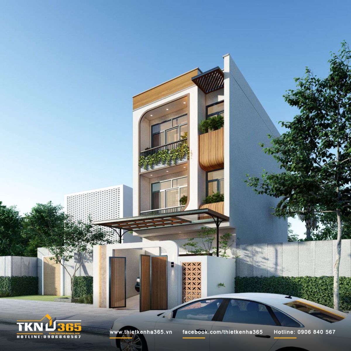 Ban công uốn lượn và hệ lam che nắng giúp điều hòa vi khí hậu, tăng tính thẩm mỹ cho công trình nhà phố