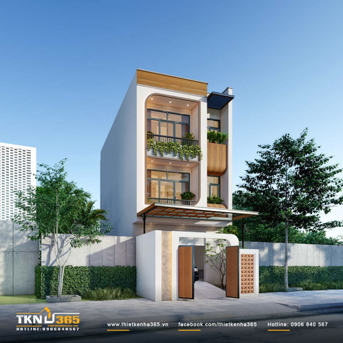 Thiết kế nhà phố 3 tầng hài hòa giữa hình khối tối giản, kính lớn và mảng xanh, mở ra cảm giác rộng rãi và kết nối với thiên nhiên