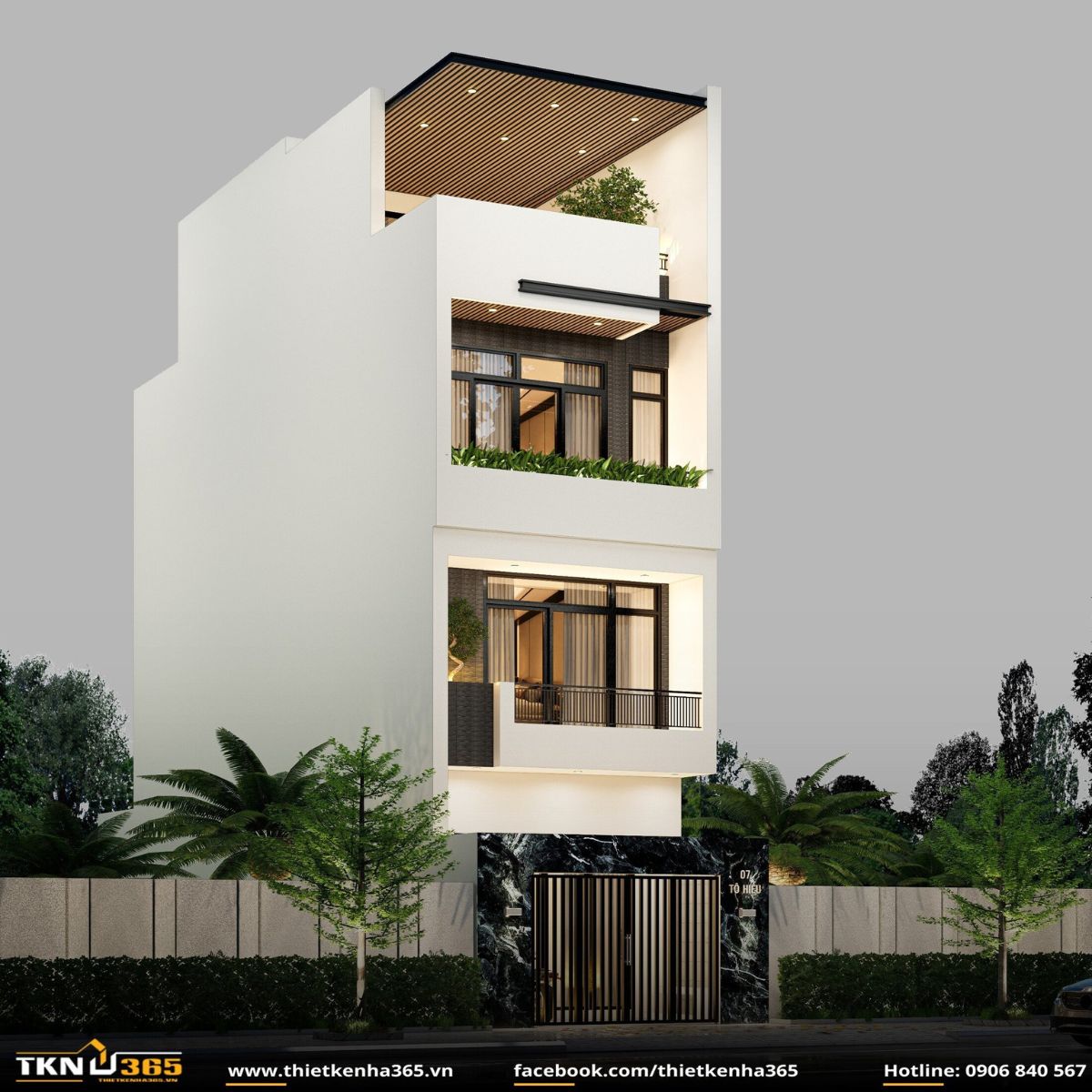 Bố cục tầng lầu rõ ràng, đường nét tối giản và sân thượng mở với mảng xanh tạo nên vẻ hài hòa, sáng sủa cho toàn bộ công trình