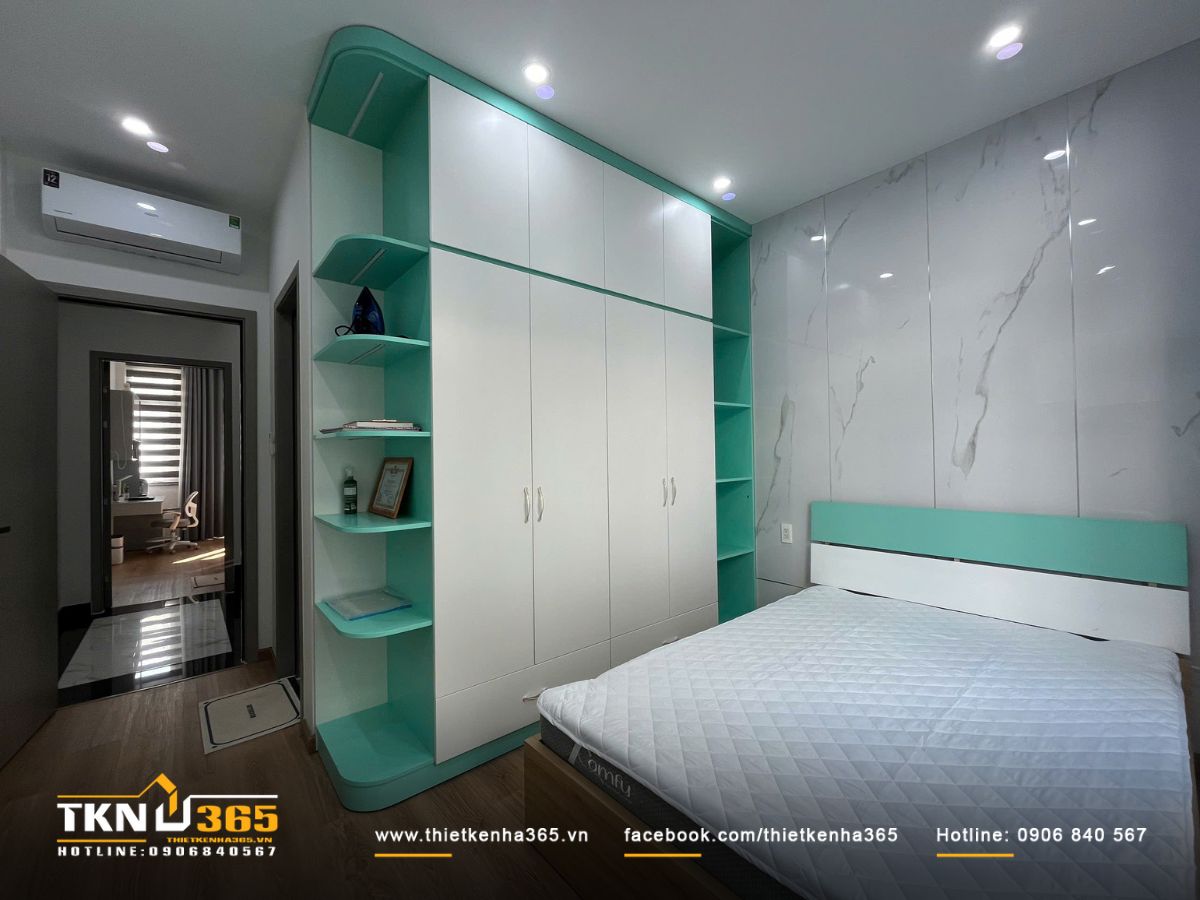 Phòng ngủ cho bé sử dụng điểm nhấn màu xanh mint, phù hợp tính cách năng động và sở thích của bé