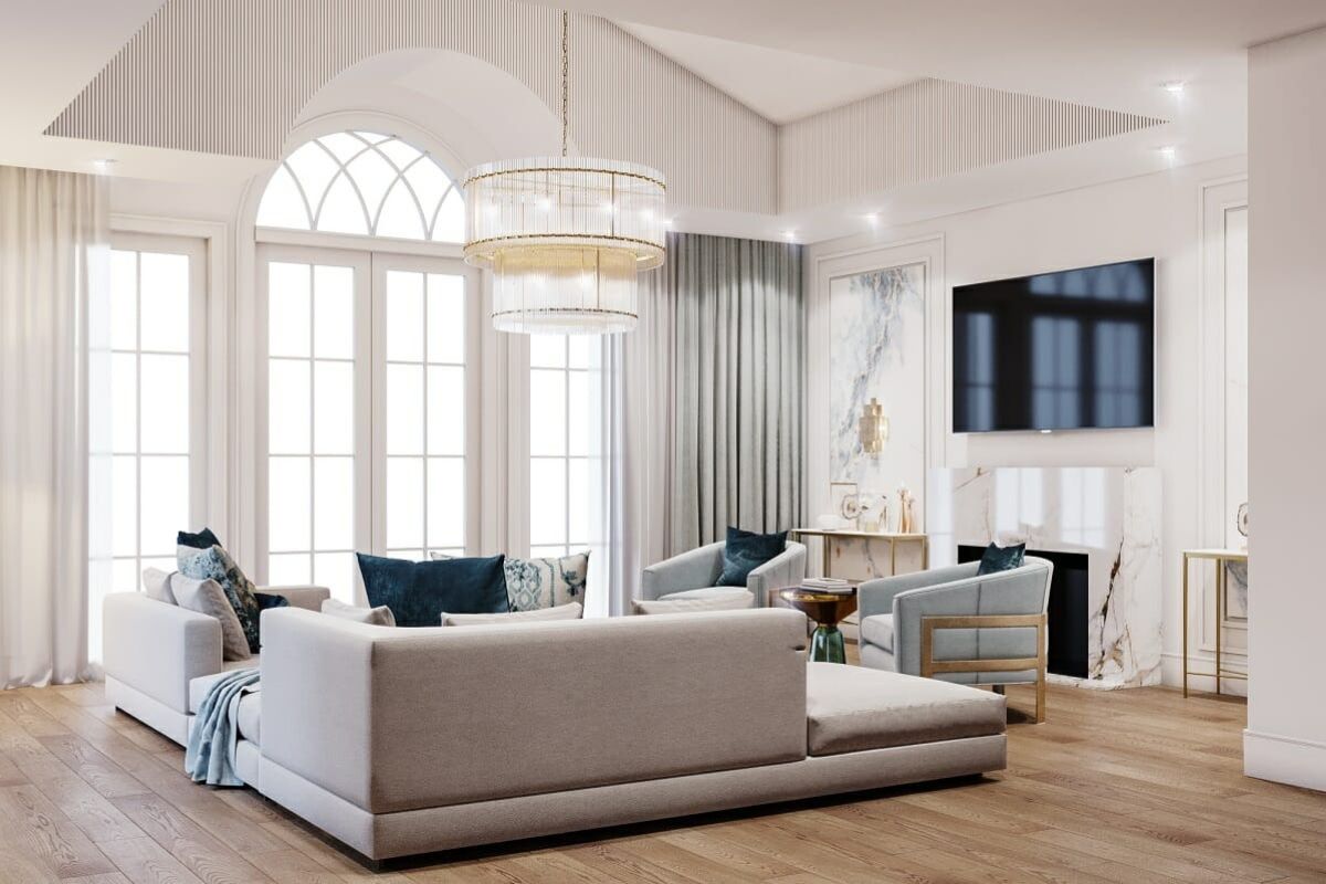 Phòng khách phong cách tân cổ điển hiện đại đẹp tinh tế nhờ loại bỏ những chi tiết trang trí rườm rà (Ảnh: Sưu tầm)