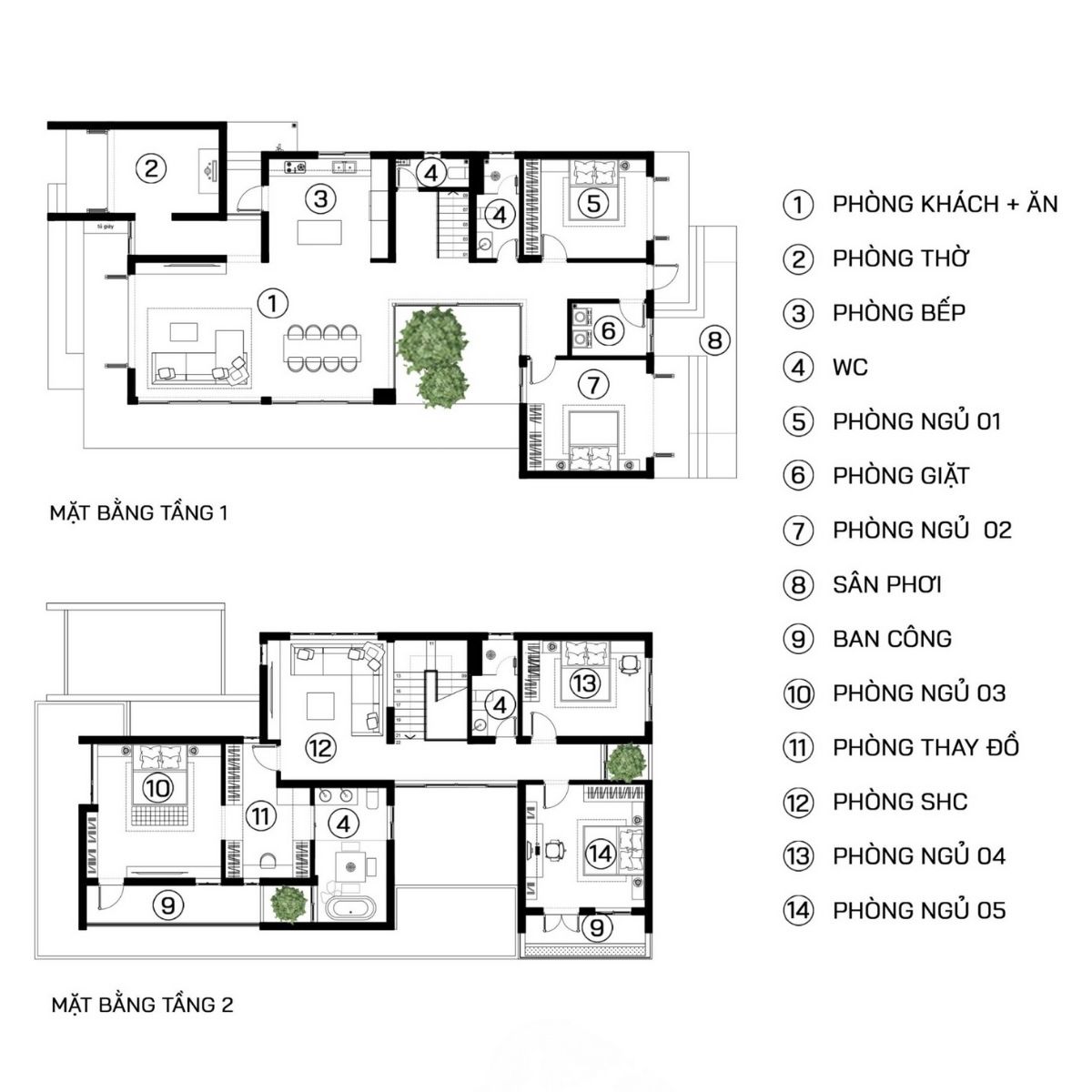 Bản vẽ biệt thự 2 tầng 120m2 4 phòng ngủ bố trí một phòng ngủ ở tầng 1, ba phòng ngủ ở tầng 2 (Ảnh: Sưu tầm)