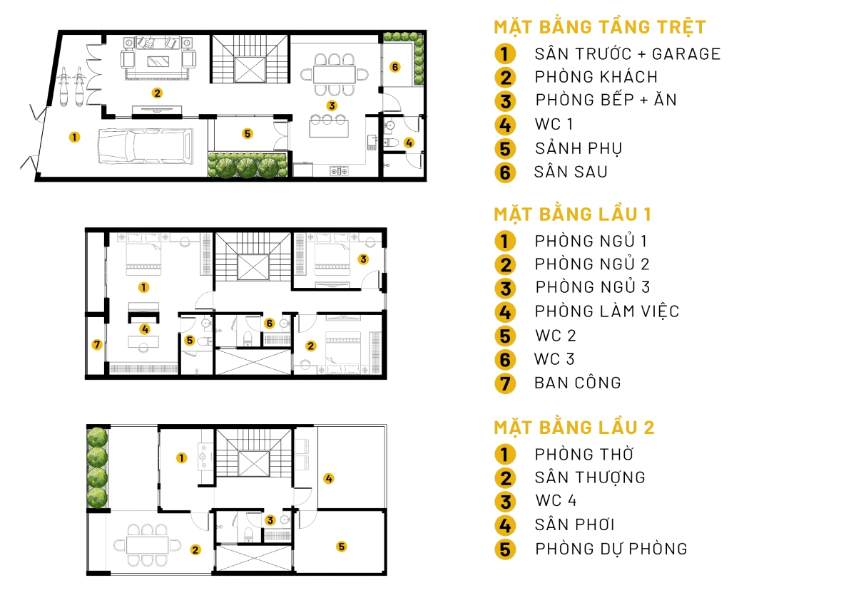 Bản vẽ biệt thự 3 tầng 100m2 bố trí mặt bằng công năng theo tầng, phân chia khu sinh hoạt và nghỉ ngơi rõ ràng