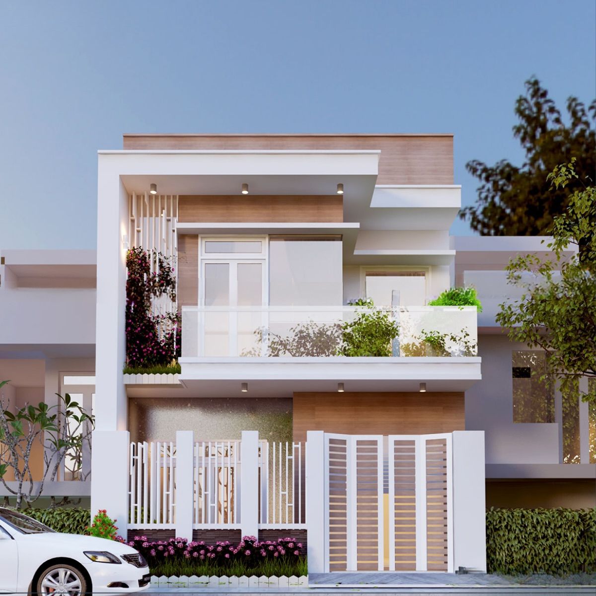 Biệt thự mini 2 tầng m&aacute;i bằng phong c&aacute;ch kiến tr&uacute;c hiện đại - tinh gọn, sử dụng kết cấu b&ecirc; t&ocirc;ng cốt th&eacute;p chắc chắn (Ảnh: Sưu tầm)