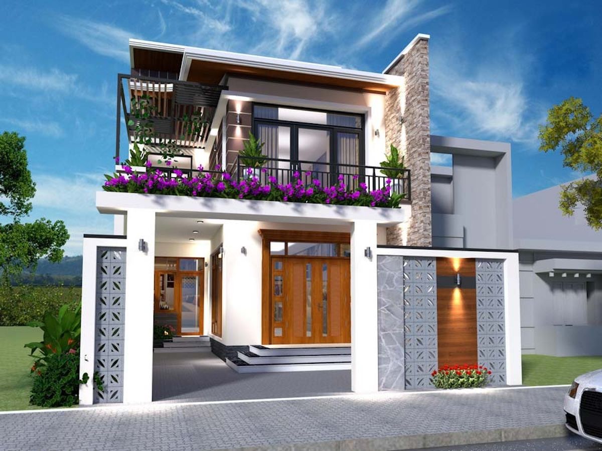 Mẫu biệt thự mini 2 tầng 80m2 bố cục chữ L tạo khoảng đệm tho&aacute;ng s&aacute;ng ở b&ecirc;n h&ocirc;ng (Ảnh: Sưu tầm)