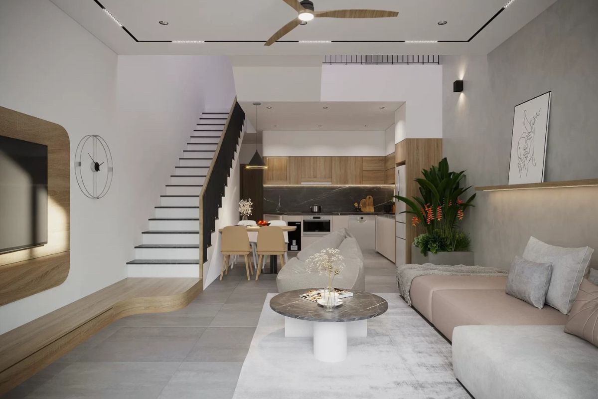 Thiết kế cầu thang dọc nh&agrave; 4m gi&uacute;p tối ưu diện t&iacute;ch sử dụng, mang đến bầu kh&ocirc;ng kh&iacute; m&aacute;t mẻ trong nh&agrave; 1 trệt 1 lầu 4x16m (Ảnh: Sưu tầm)