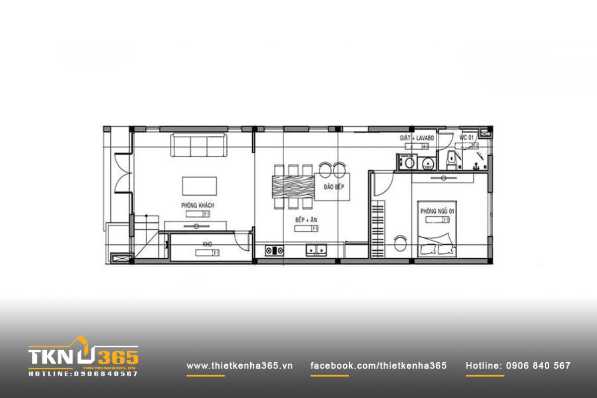 Sơ đồ bố tr&iacute; ph&ograve;ng kh&aacute;ch nh&agrave; phố c&ugrave;ng c&aacute;c khu vực bếp - ăn, WC v&agrave; ph&ograve;ng ngủ ở tầng trệt nh&agrave; 1 trệt 1 lầu 4x16 3 ph&ograve;ng ngủ
