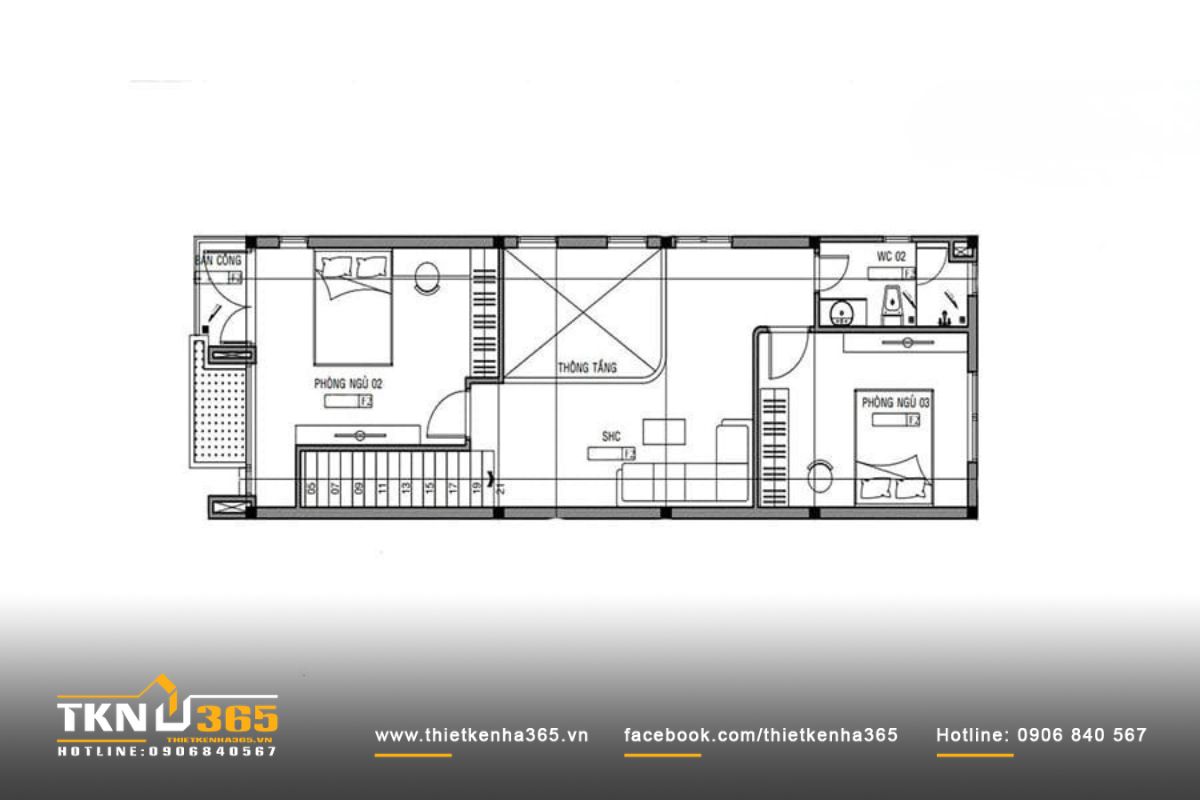 Bản vẽ mặt bằng lầu 1 của nh&agrave; 1 trệt 1 lầu 4x16 3 ph&ograve;ng ngủ