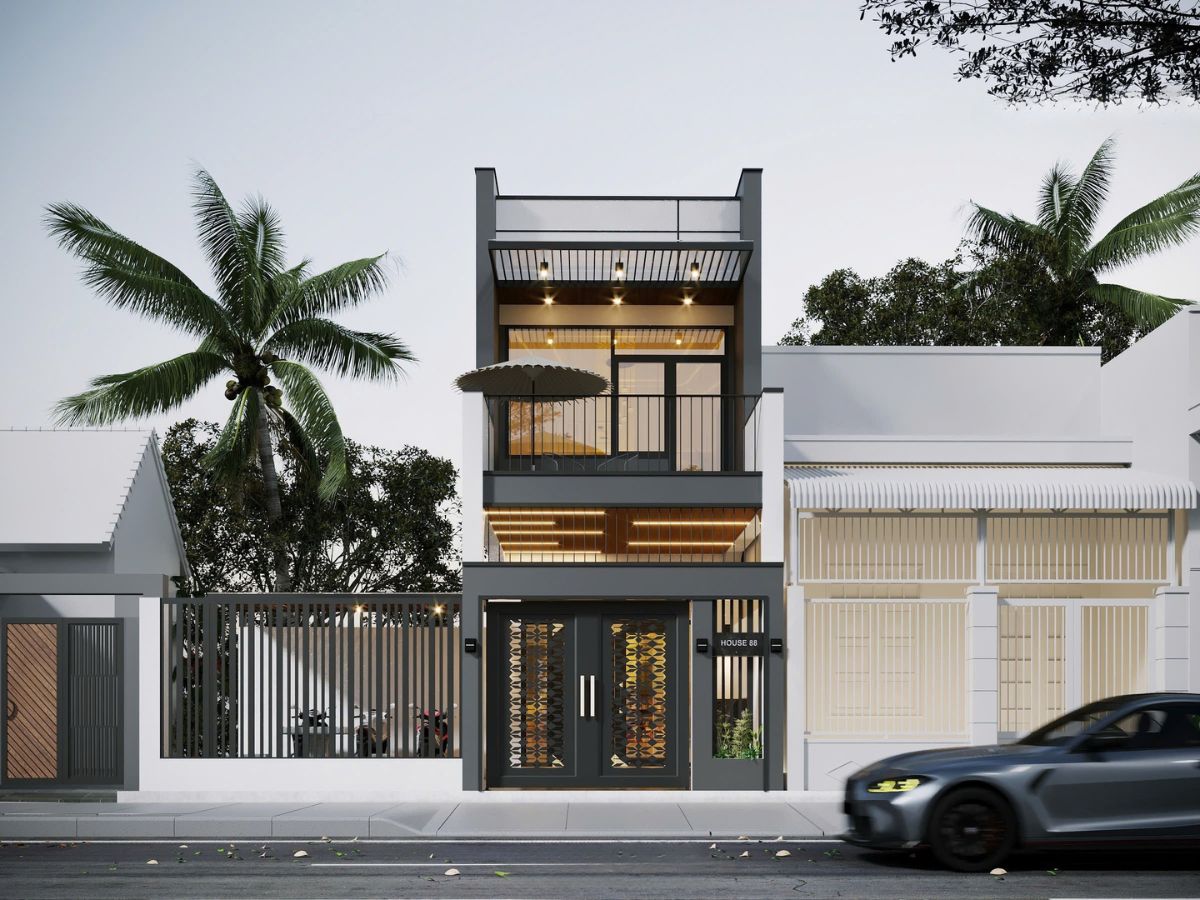 Mẫu nh&agrave; 1 trệt 1 lầu 4x16 d&agrave;nh 5m chiều d&agrave;i cho gara &ocirc; t&ocirc;, 11m c&ograve;n lại bố tr&iacute; ph&ograve;ng kh&aacute;ch - bếp - ph&ograve;ng ăn li&ecirc;n th&ocirc;ng (Ảnh: Sưu tầm)