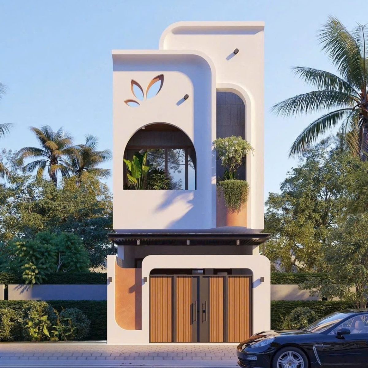 Mặt tiền nh&agrave; 1 trệt 1 lầu 4x16 đẹp với những đường cong mềm mại tạo điểm nhấn (Ảnh: Sưu tầm)