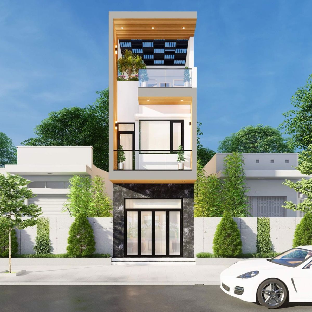 Mẫu nh&agrave; 1 trệt 1 lầu 4x16 c&oacute; s&acirc;n thượng rộng tho&aacute;ng để trồng c&acirc;y xanh v&agrave; tạo kh&ocirc;ng gian thư gi&atilde;n (Ảnh: Sưu tầm)