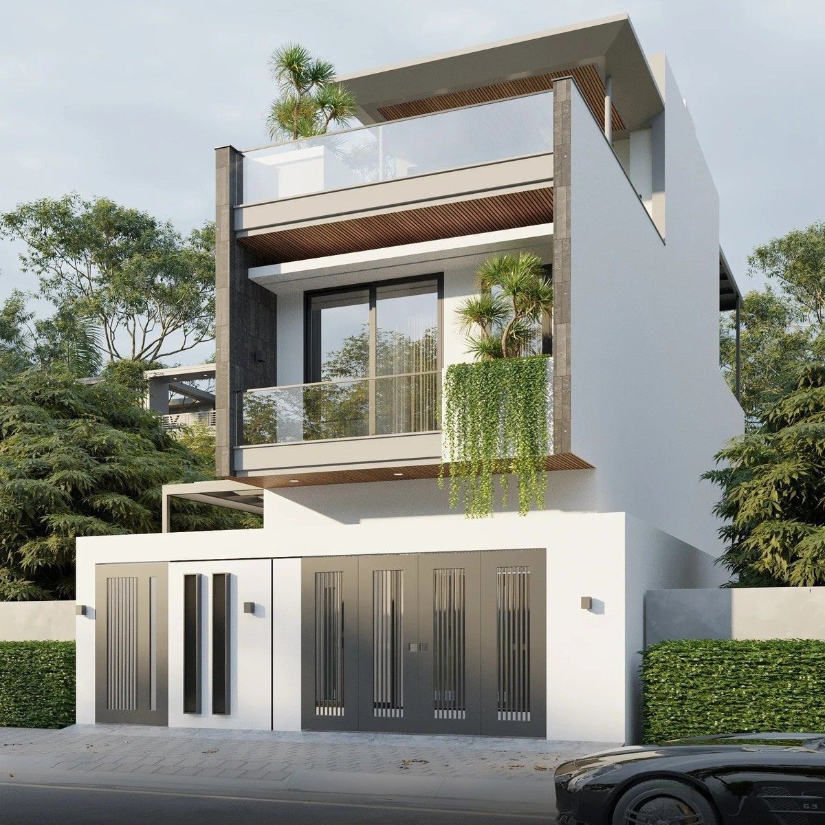 Mẫu nh&agrave; 1 trệt 1 lầu 5x16 c&oacute; tầng tum, đồng thời đan c&agrave;i nhiều khoảng xanh ở mặt tiền để ngăn nắng n&oacute;ng (Ảnh: Sưu tầm)