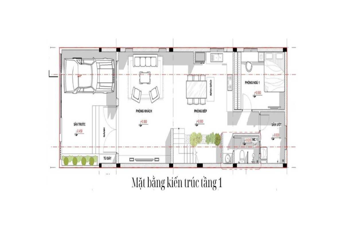 Bản vẽ mặt bằng tầng trệt nh&agrave; 1 trệt 1 lầu 5x16m (Ảnh: Sưu tầm)