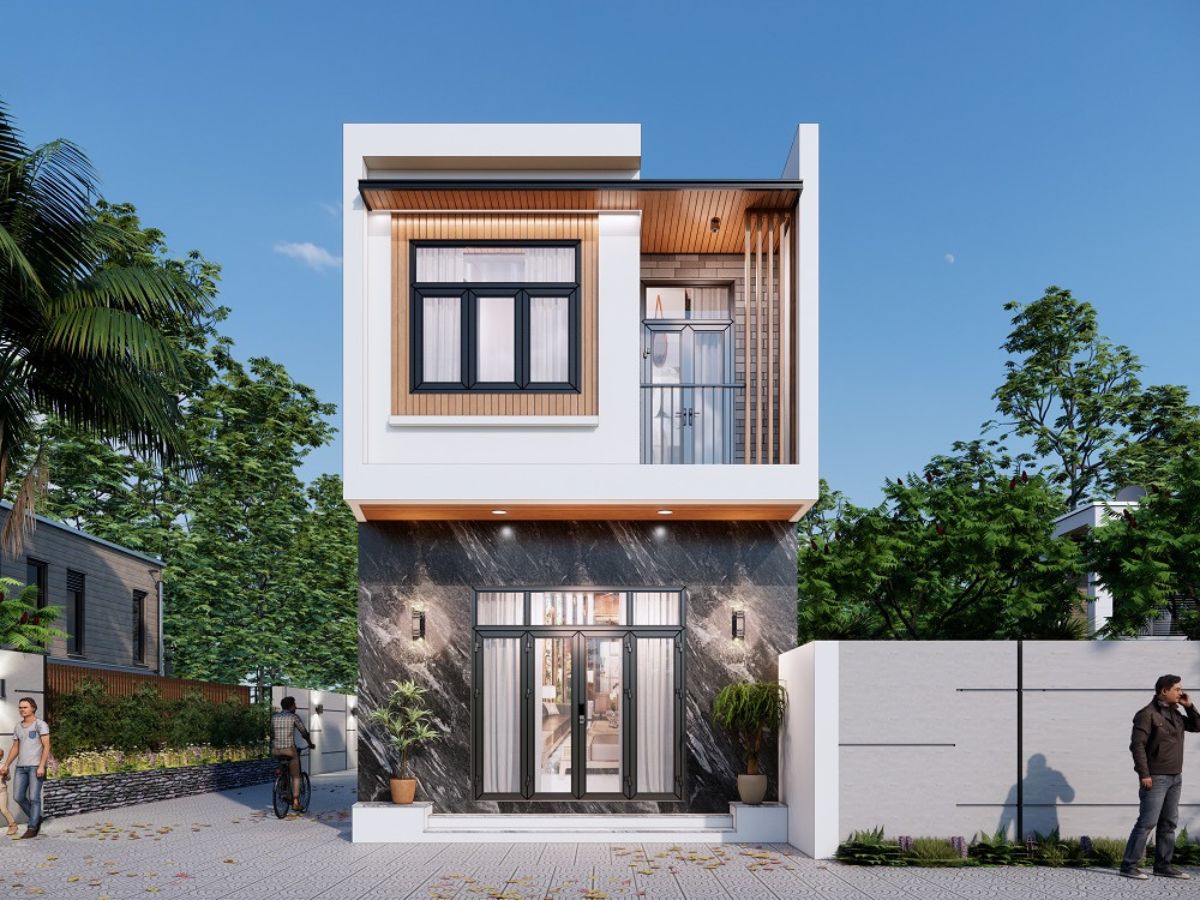 Mặt tiền nh&agrave; 1 trệt 1 lầu ngang 5m ốp đ&aacute; gam m&agrave;u trung t&iacute;nh trang nh&atilde; (Ảnh: Sưu tầm)