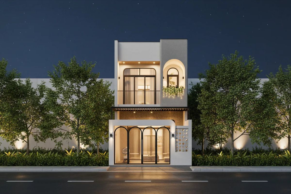 Nh&agrave; 1 trệt 1 lầu 5x16 nổi bật khi l&ecirc;n đ&egrave;n nhờ &aacute;nh đ&egrave;n v&agrave;ng ấm &aacute;p (Ảnh: Sưu tầm)