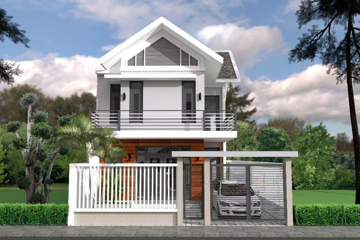 Mẫu thiết kế nh&agrave; 1 trệt 1 lầu 6x10 m&aacute;i Th&aacute;i thiết kế đơn giản, kết nối h&agrave;i h&ograve;a với cảnh quan xung quanh (Ảnh: Sưu tầm)