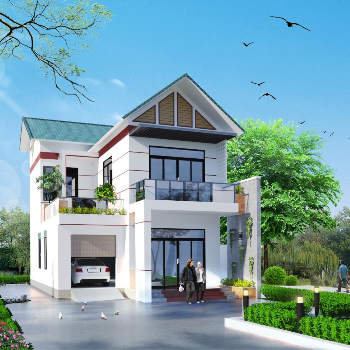 Mẫu nh&agrave; 1 trệt 1 lầu m&aacute;i Th&aacute;i sở hữu khoảng s&acirc;n vườn rộng tho&aacute;ng, mang đến bầu kh&ocirc;ng kh&iacute; m&aacute;t mẻ cho kh&ocirc;ng gian sống b&ecirc;n trong (Ảnh: Sưu tầm)