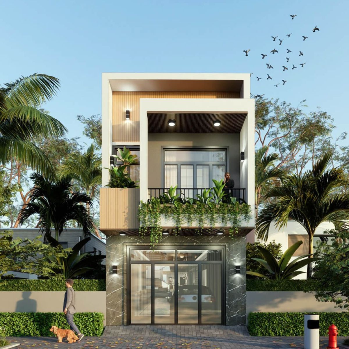 Mẫu nh&agrave; 1 trệt 1 lầu 4x16m trồng nhiều c&acirc;y xanh ở mặt tiền để tạo th&agrave;nh &ldquo;tấm r&egrave;m xanh&rdquo; ngăn nắng n&oacute;ng (Ảnh: Sưu tầm)