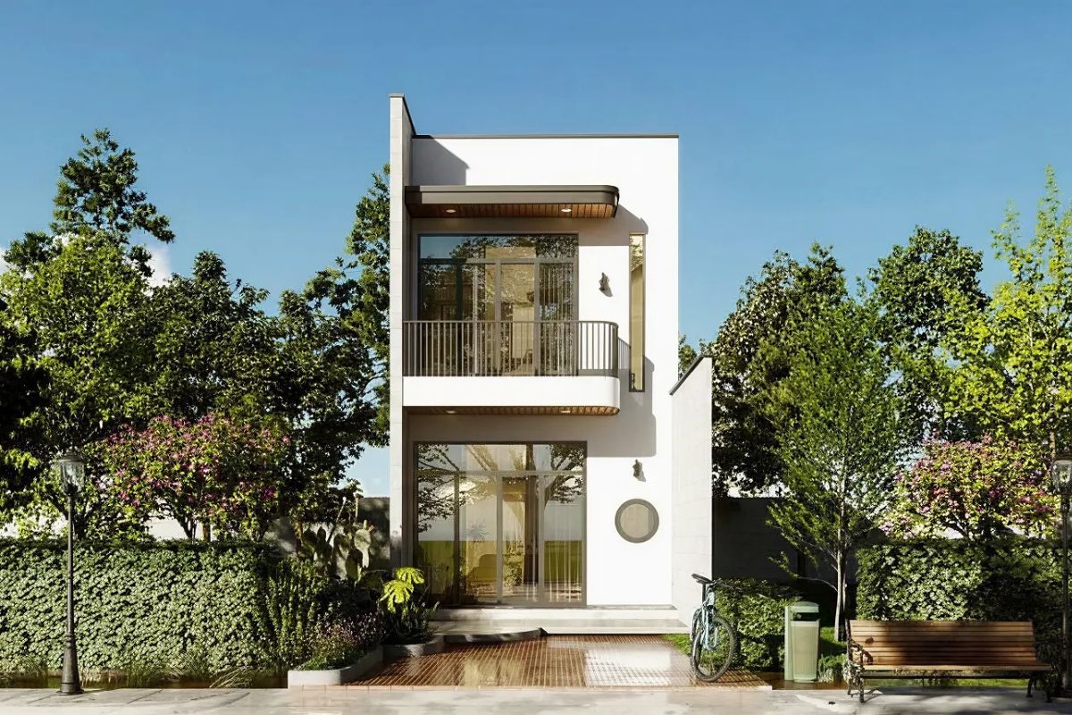 Mẫu nh&agrave; 1 trệt 1 lầu 5x16m thiết kế theo phong c&aacute;ch hiện đại với m&agrave;u sơn trắng trang nh&atilde; chủ đạo (Ảnh: Sưu tầm)