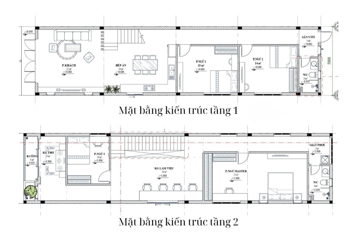 Bản vẽ mặt bằng nh&agrave; 1 trệt 1 lầu 5x20 4 ph&ograve;ng ngủ (Ảnh: Sưu tầm)
