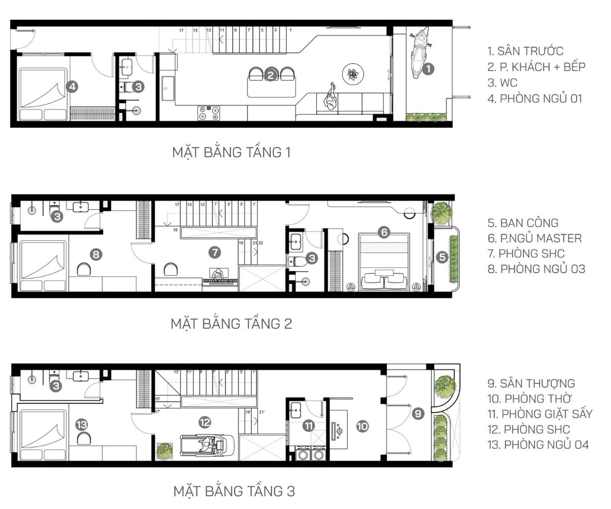 Bản vẽ thiết kế nh&agrave; 3 tầng 4x16m bố tr&iacute; giếng trời giữa nh&agrave; (Ảnh: Sưu tầm)