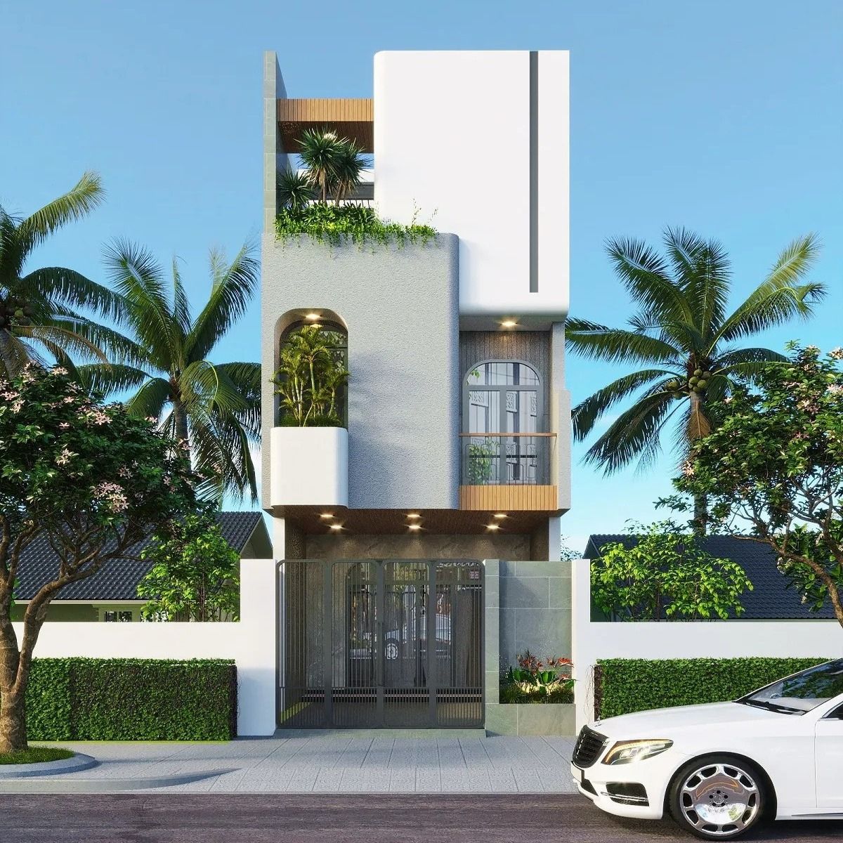 Nh&agrave; 1 trệt 2 lầu 4x16m c&oacute; s&acirc;n thượng v&agrave; giếng trời gi&uacute;p điều h&ograve;a vi kh&iacute; hậu, mang luồng kh&ocirc;ng kh&iacute; m&aacute;t mẻ đến mọi ng&oacute;c ng&aacute;ch b&ecirc;n trong (Ảnh: Sưu tầm)