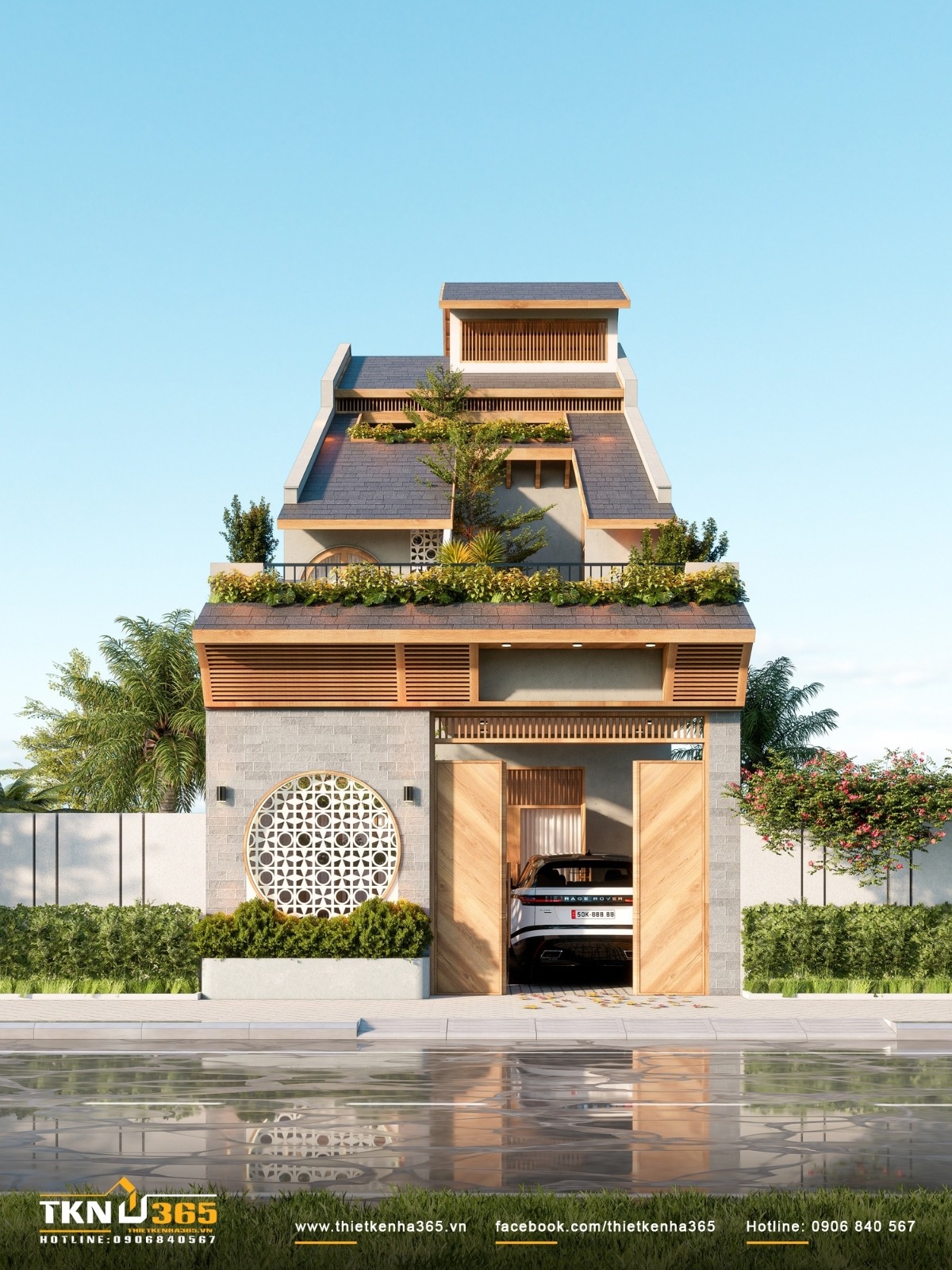 Tổng thể mặt tiền nhà phố 3 tầng 6x19m tại Bình Tân với hình khối phân tầng rõ ràng, mái dốc cách điệu và các lớp cây xanh đan xen theo chiều cao công trình