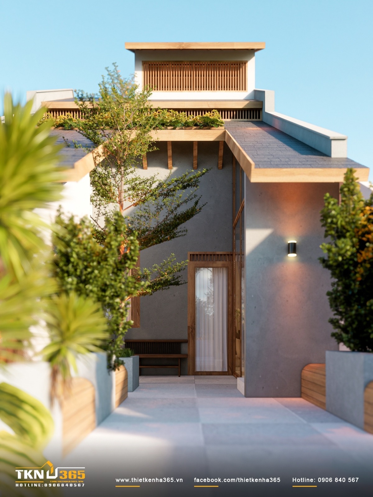 Khoảng sân trong với lối đi lát đá, băng ghế gỗ và hệ cây xanh đóng vai trò lớp đệm vi khí hậu giữa bên ngoài và trong nhà phố 3 tầng