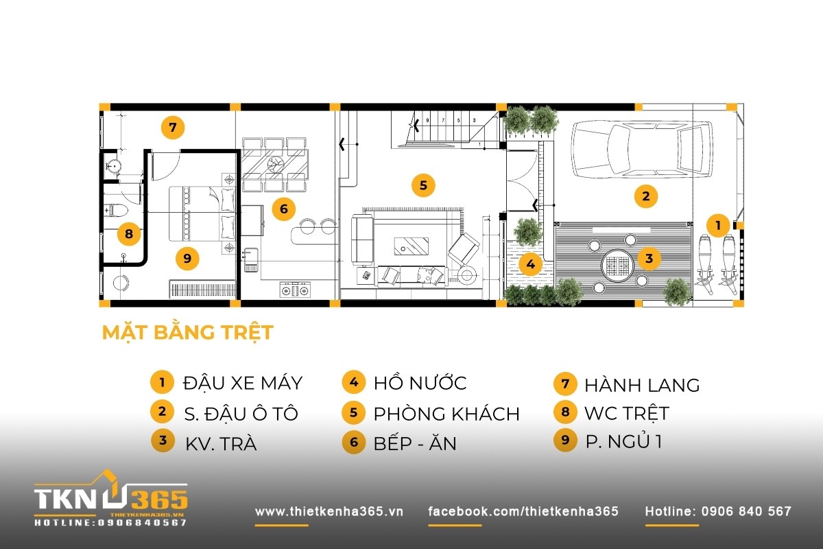 Mặt bằng tầng trệt bố trí gara ô tô, khu vực trà, phòng khách, bếp - ăn, phòng ngủ và WC theo trục liên kết mềm mại qua hành lang và tiểu cảnh