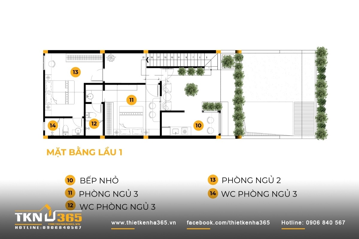 Mặt bằng lầu 1 với hai phòng ngủ có WC riêng và bếp nhỏ, đảm bảo sự riêng tư cho các thành viên trong gia đình nhiều thế hệ