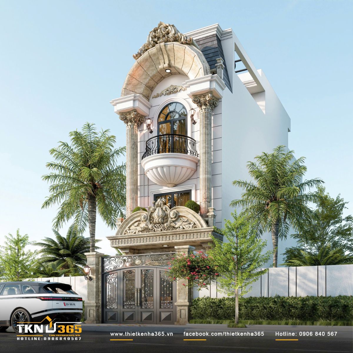 Hệ cột, m&aacute;i v&ograve;m v&agrave; ban c&ocirc;ng b&aacute;n nguyệt tạo n&ecirc;n diện mạo sang trọng, mềm mại nhưng kh&ocirc;ng rườm r&agrave;