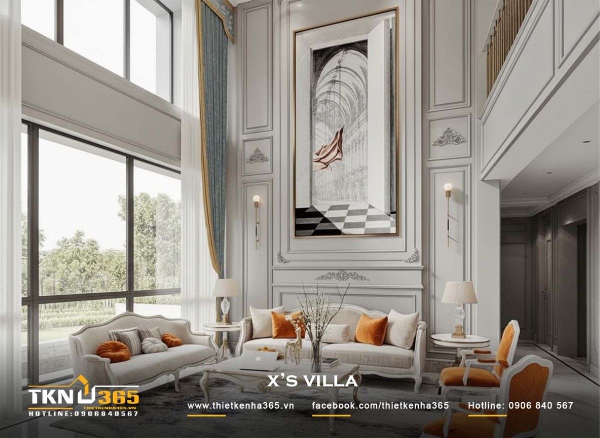 Ph&ograve;ng kh&aacute;ch th&ocirc;ng tầng mở rộng theo chiều cao, tạo cảm gi&aacute;c bề thế đặc trưng của biệt thự t&acirc;n cổ điển nhưng kh&ocirc;ng g&acirc;y cho&aacute;ng ngợp