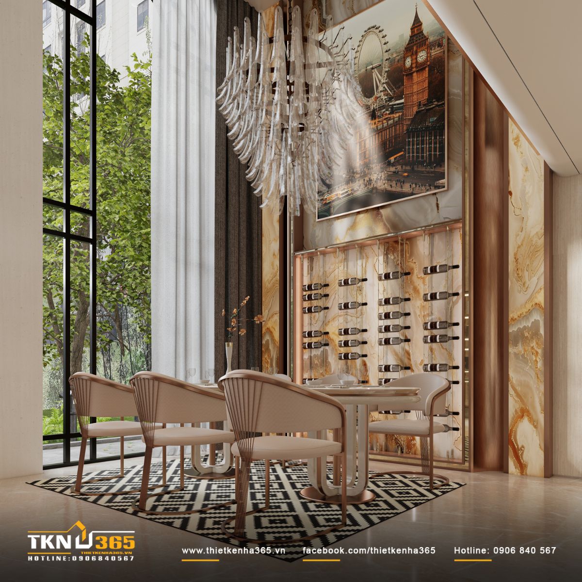 B&agrave;n ăn bố tr&iacute; dưới đ&egrave;n ch&ugrave;m trang tr&iacute;, trở th&agrave;nh điểm tụ họp trung t&acirc;m, nơi &aacute;nh s&aacute;ng v&agrave; chiều cao kh&ocirc;ng gian tạo n&ecirc;n bầu kh&ocirc;ng kh&iacute; trang trọng vừa đủ