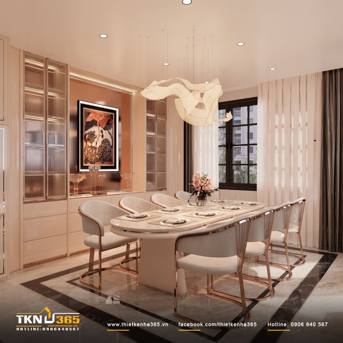 B&agrave;n ăn oval đặt tr&ecirc;n thảm đ&aacute; viền tối, gi&uacute;p định vị khu vực ăn uống trong tổng thể sinh hoạt chung liền mạch