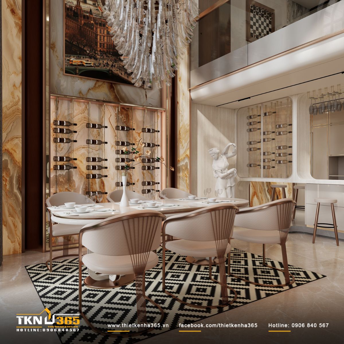 Nội thất ph&ograve;ng ăn t&acirc;n cổ điển tiết chế với đường n&eacute;t mềm mại v&agrave; tỷ lệ c&acirc;n đối, ưu ti&ecirc;n sự thoải m&aacute;i trong sinh hoạt h&agrave;ng ng&agrave;y