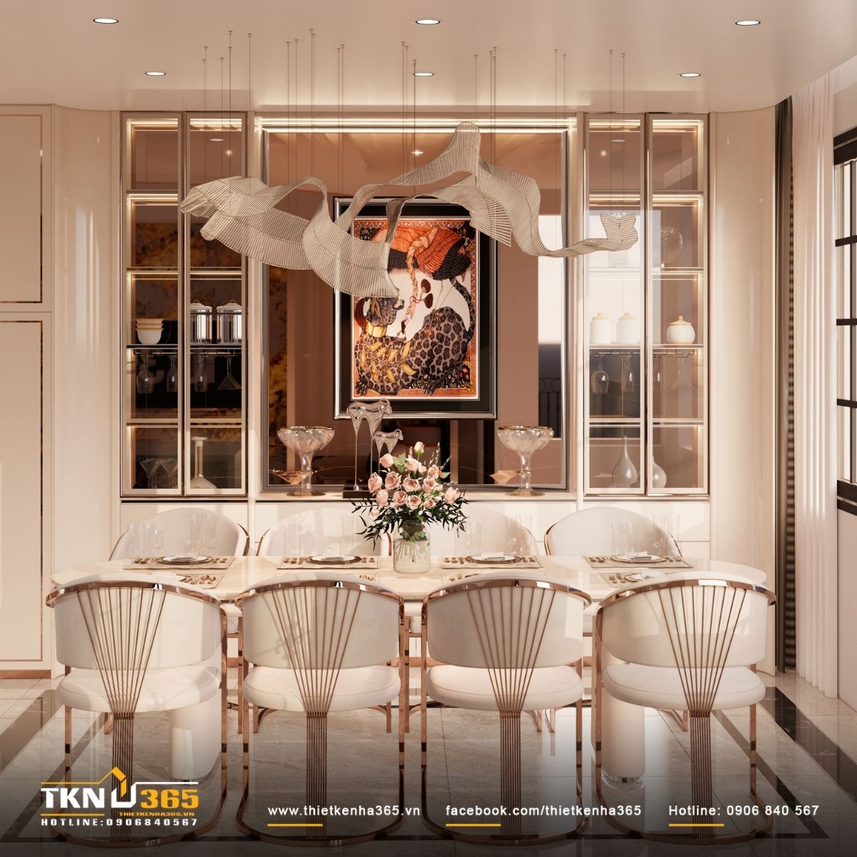 Đ&egrave;n thả ph&iacute;a tr&ecirc;n b&agrave;n ăn c&oacute; kiểu d&aacute;ng cầu kỳ, tạo điểm nhấn ấn tượng cho kh&ocirc;ng gian ăn uống