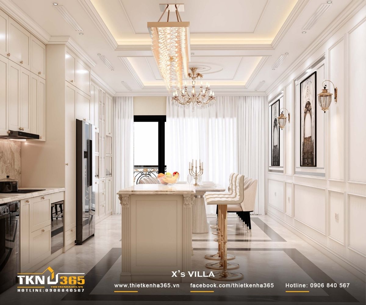 Đảo bếp li&ecirc;n kết trực tiếp với b&agrave;n ăn, cho ph&eacute;p c&aacute;c hoạt động nấu nướng - tr&ograve; chuyện diễn ra li&ecirc;n tục, kh&ocirc;ng bị chia cắt